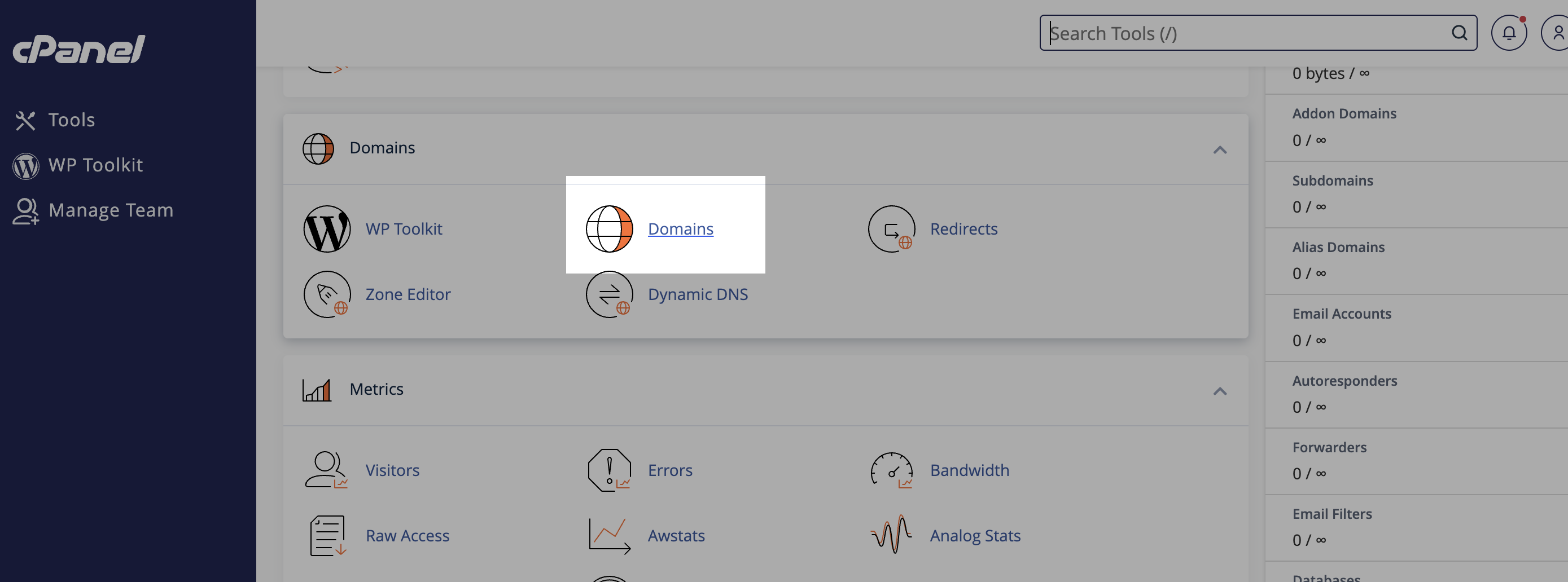 Domains menu in cPanel