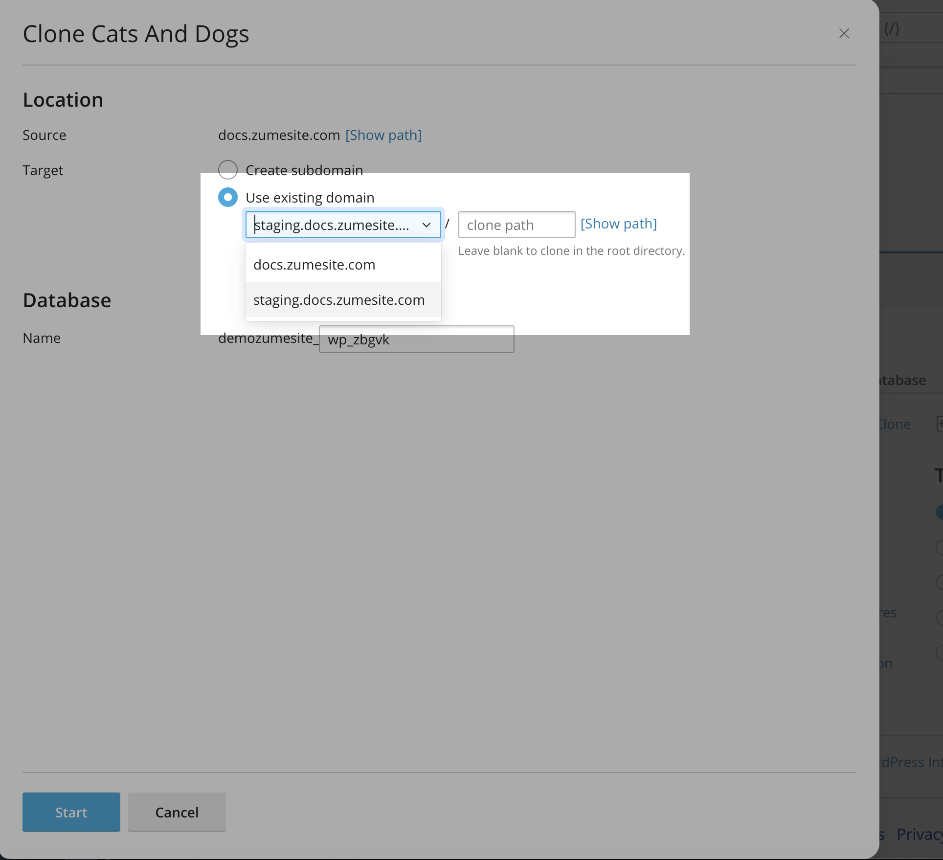 Use existing domain option in cPanel