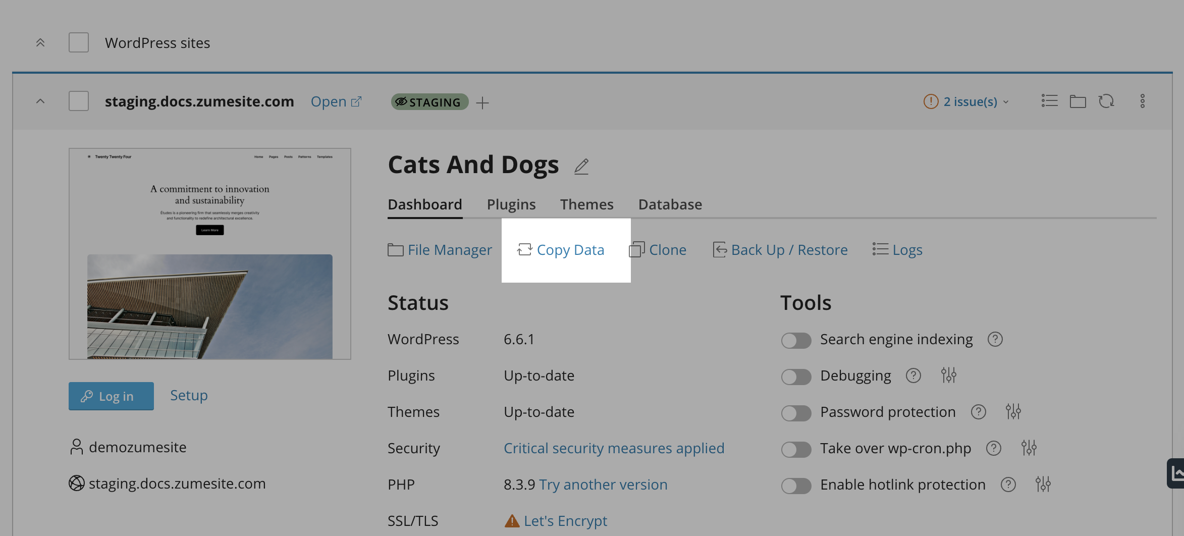 Copy data button in cPanel