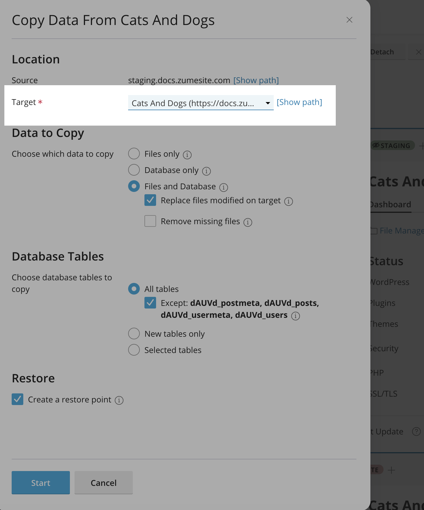 Target dropdown in cPanel