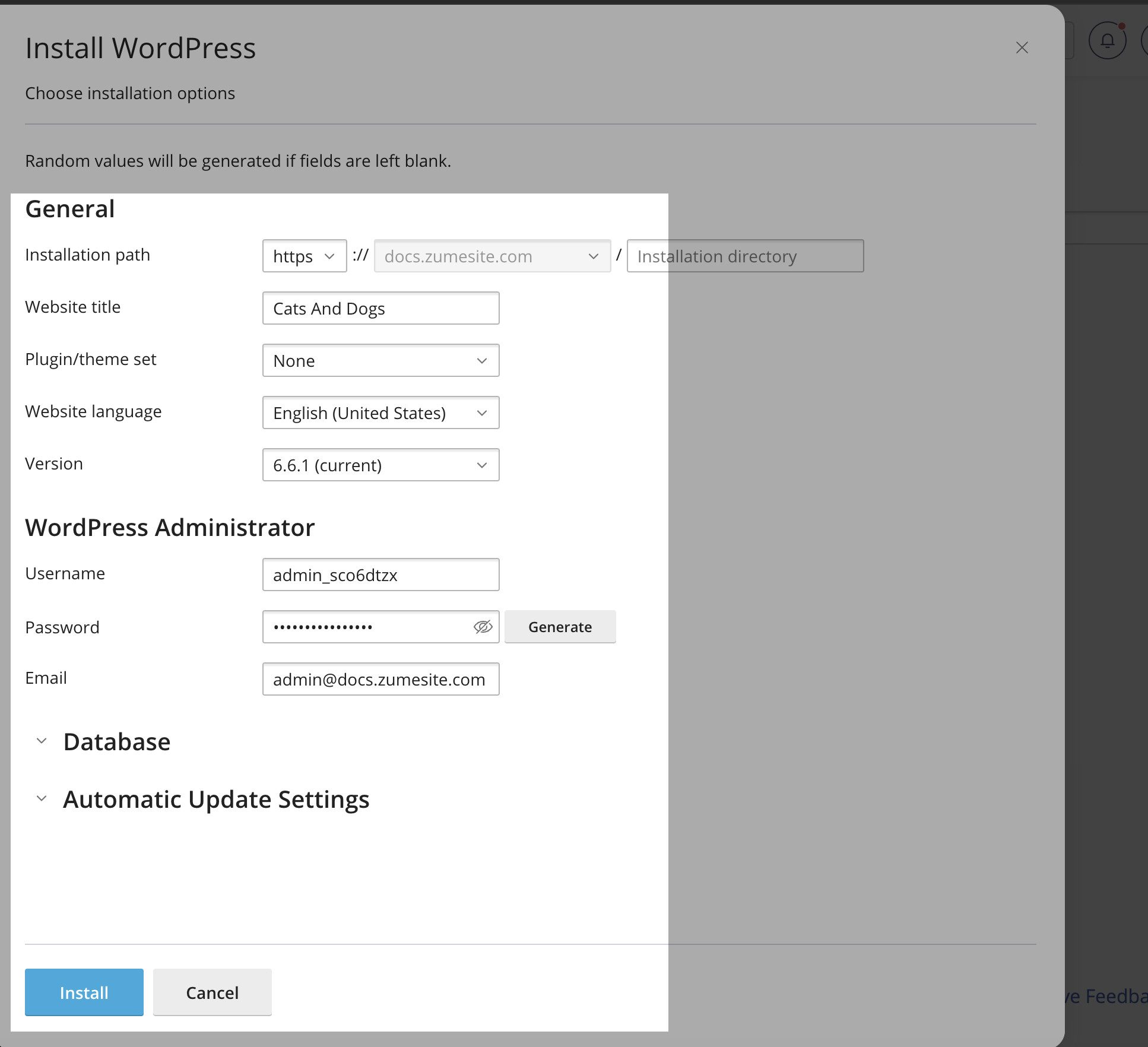 Fill in the information in cPanel